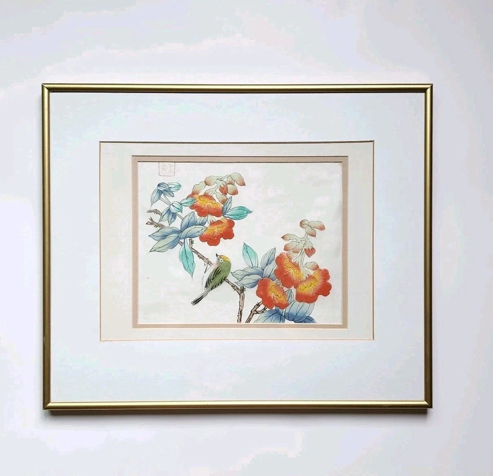 Pintura de seda asiática original de colección firmada enmarcada pájaro flores naranjas Kacho-ga Foto 4 de 4