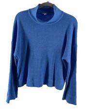 LOFT Blue Waffle Knit Mock Neck Sweater Women s Small Cropped Cozy Pullover