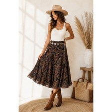 Chaps Ralph Lauren Vintage 90s Paisley Flare Maxi Skirt Brown Burgundy 1X Y2K