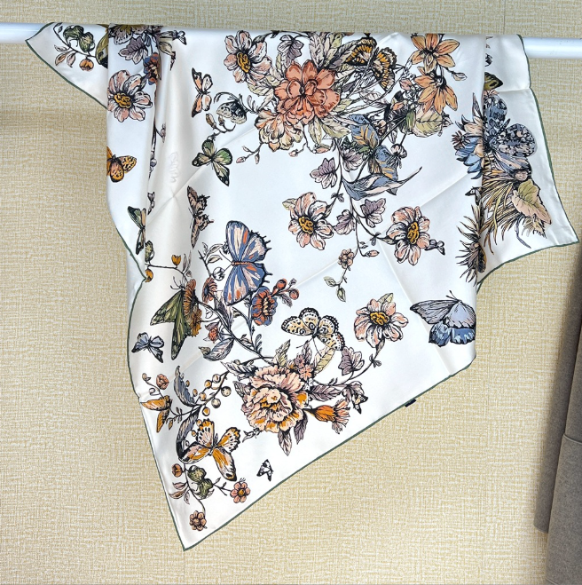 100% Twill Silk Scarf Bandanna butterfly Print Square Shawl Wrap 88X88cm