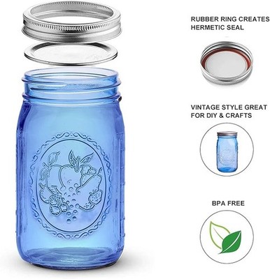 Blue Wide Mouth Mason Jars 32 oz,6 Pack Colored Quart Glass Canning Jars with