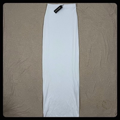 PrettyLittleThing White Textured Jersey Low Rise Midi Skirt Boho Ethereal Earthy