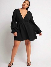 🖤 Black Plus Plunging Neck Flare Sleeve Sheer Dress Size 1XL