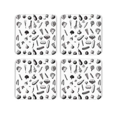 Gemüse Korken Untersetzer Set - Schwarz & Weiß Küche Rezept Geschenk - 4er Set