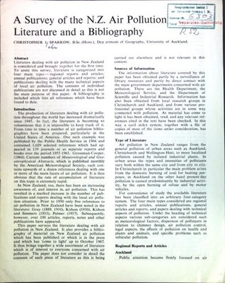 A Survey of the N.Z. Air Pollution, Literature and a Bibliography. Sparrow, Chri