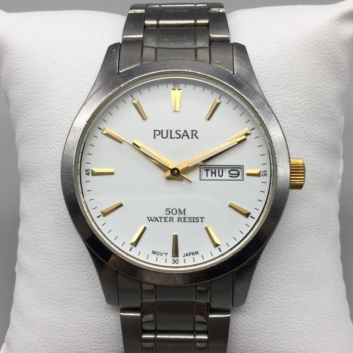 Pulsar Mens Watch 40mm Silver Gold Tone Day Date VX43-X079 New