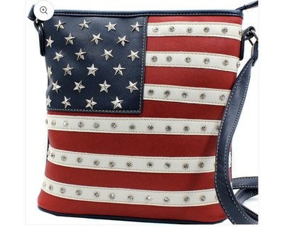 USA Flag Studded Crossbody Bag Purse Zip Closure Red White Blue Stars
