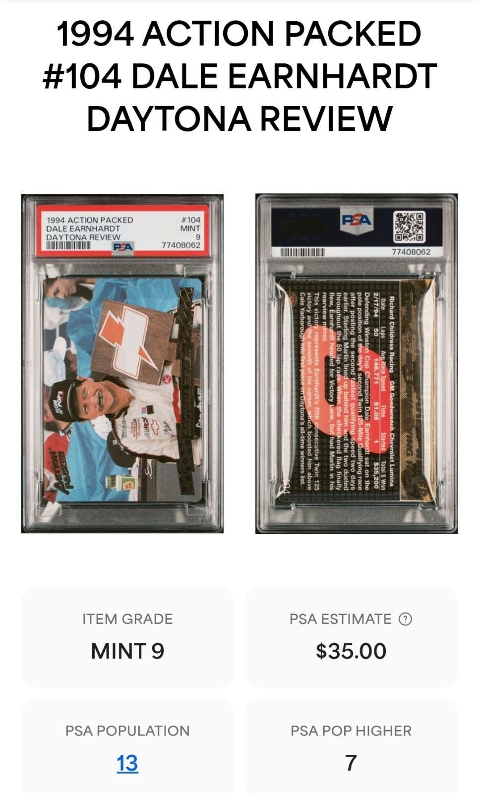 🏁 Dale EARNHARDT *Daytona Review* PSA 9 Mint 1994 Action Packed #104 POP 13 🔥 view 4