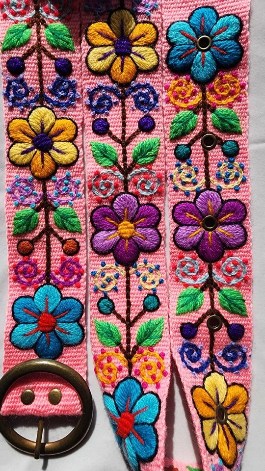 Bellissimo Cintura Di Fiori Ricamato Perù Taglia L / Rosa Chiaro - Immagine 3 di 3