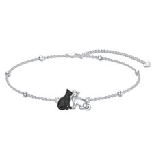 2 Cats Bracelet 925 Sterling Silver Black Cat Adjustable Link Bracelet Cat Je...