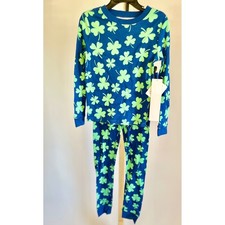 Kids Blue Green Shamrock St Patricks Day Snug Fit Cotton Pajama Set NEW