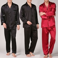 2PCS Herren Seide Satin Schlafanzug Pyjama Satz Lang Arm Nachtwäsche Pyjama MLXL