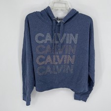 Calvin Klein Jeans Women's Blue Rhinestone Logo Cropped Hoodie Size XL