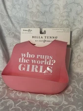 NIP Pink Silicone Bib Who Runs the World? Girls Bella Tunno Gift Baby Dishwasher
