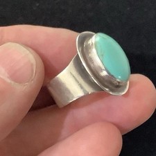 Vintage Signed Mexico Artisan ATI Sterling Silver Turquoise Cabochon Ring Size9