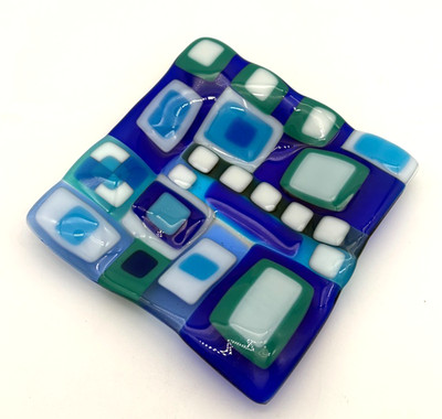 Fused Art Glass Trinket Dish Bowl Cobalt Teal White Geometric Pattern 6 x 6''