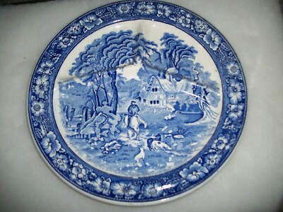 VTG. Blue & White Divided 10 in.  Plate Hunter & Dogs Cottage Scene,    Japan