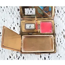 Vintage Weldwood Clock Makeup Compact w/ Pink Blush Brass Plated Illinois Watch