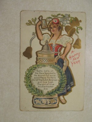 E152 Postcard New Years Bells Dutch Girl Knickerbocker happy large beer stein