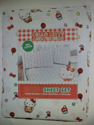 Hello Kitty  Candy Pattern Queen Sanrio Cotton Sheet Set w/2 bath handtowels New