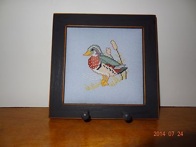 Finished Cross Stitch picture of wood duck in a key rack frame