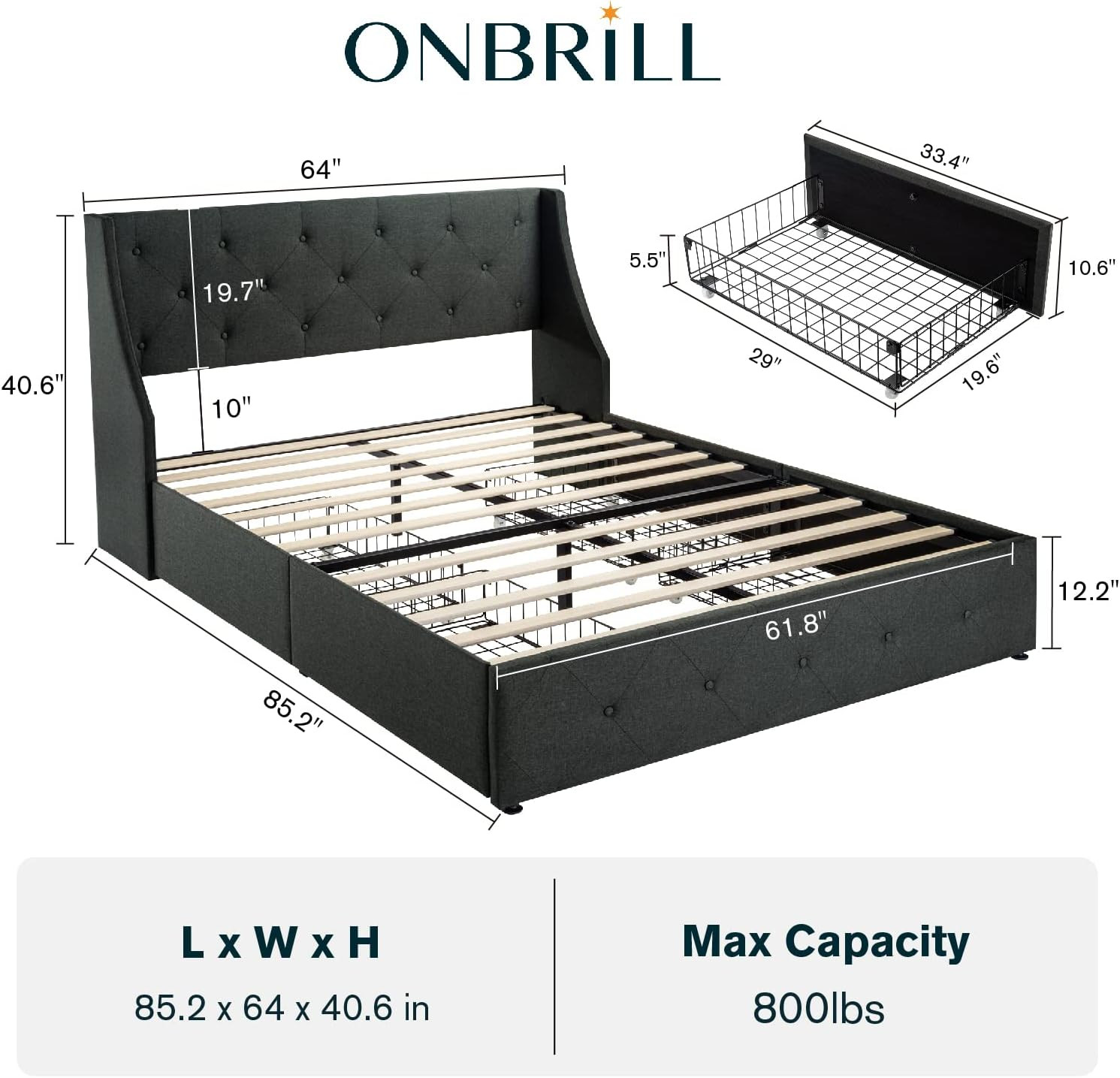 Queen Size Bed Frame Upholstered Platform with Wingbacks, Diamond Button Tufted 