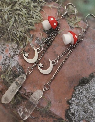 Mushroom Crescent Moon Star Crystal Earrings Long Dangle Cottagecore Fairy NEW