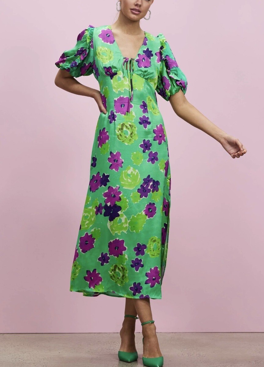 topshop green midi dress graphic floral angel sleeve Maxi dress
