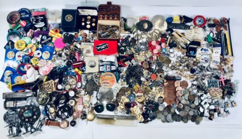 (22 lbs) Vtg. Junk Jewelry Lot Rings Pins Brooches Toys Cufflinks Coins Watches - Picture 1 of 23