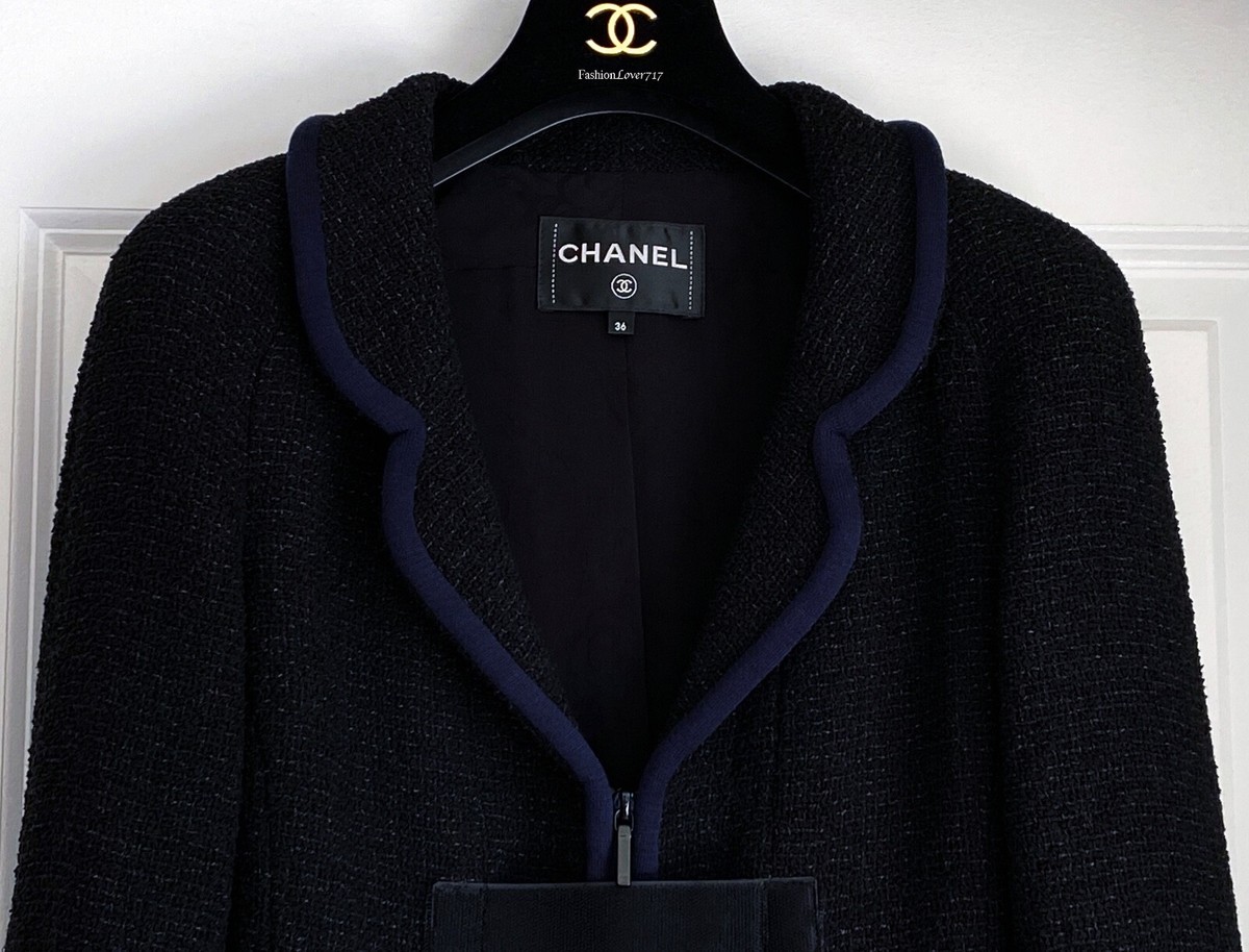 NEW CHANEL 17P BLACK BLUE CC LOGO TWEED JACKET 36 | eBay