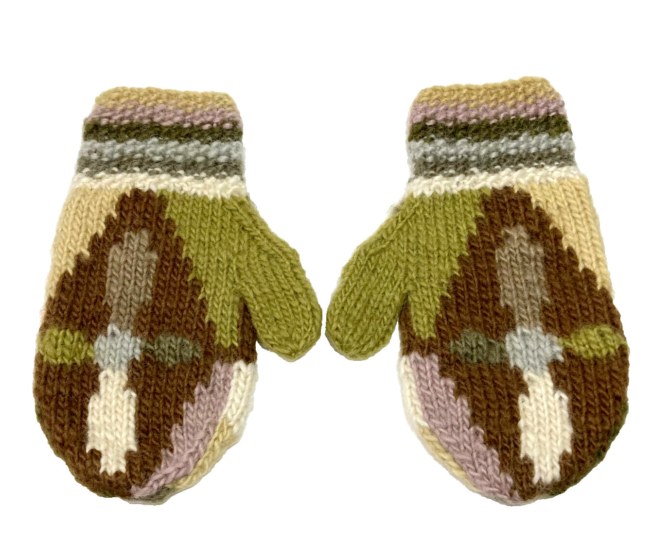 HAND KNITTED COLORFUL GEOMETRIC MITTENS, REVERSES TO A DIFFERENT PATTERN, NEW image 2