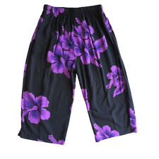 Vintage Hawaiian Cropped Pants Small Purple Orchid Elastic Waist Beach Hawaii