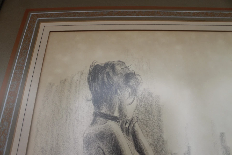 Antiguo dibujo original retrato desnudo firmado por artista enmarcado estera francesa Foto 4 de 4