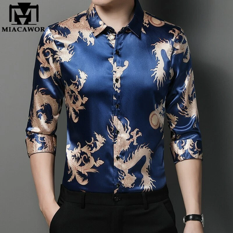 Camisa De Lujo De Moda Para Hombre Ropa De Vestir De Seda Con Estampado  Dragón