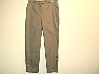 Ann Trinity Pants Sz Small 8 Beige-Olive Flat Front Snaps on Lower Leg Cotton