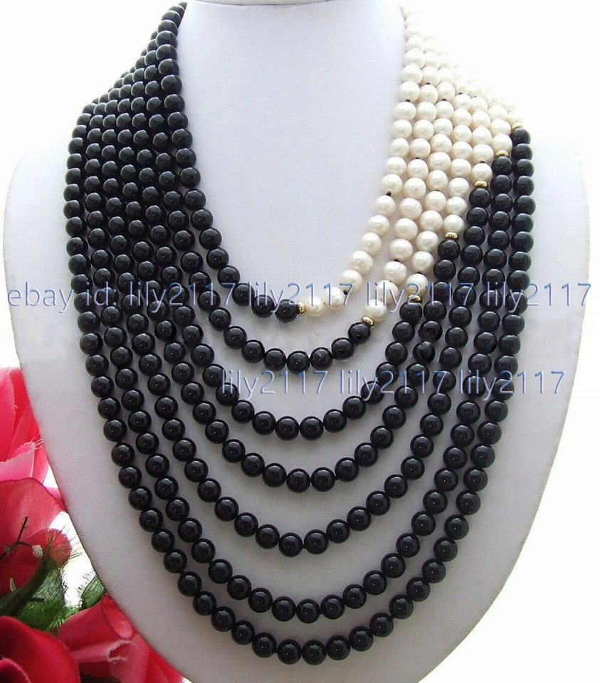 7 Rows 8-9mm Natural White Pearl 8mm Black Onyx Round Gems Necklace 18-29'' - Image 2 of 4