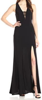 Ignite Women's Deep V-Neck Mesh Inset Slit Open Back Ball Gown, Black, 4 or 14
