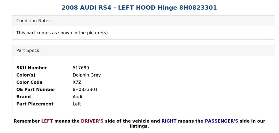 Audi RS4 2008 - capó izquierdo bisagra 8H0823301 Foto 4 de 4