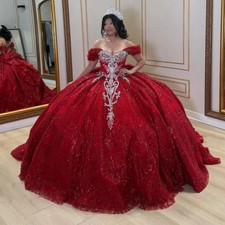 Red Shiny Quinceanera Dresses Off The Shoulder Sequin Applique Lace Beading