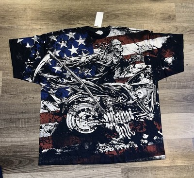 Men s NWT Miami Ink All Over Print Y2K T-Shirt Size 3XL Skeleton USA Flag Faded