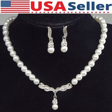 Pearl Necklace Earrings Set Women Imitation Pearls Zirconia Wedding Jewelry Set