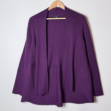 Eileen Fisher Sweater 100 Merino Wool Open Cardigan Purple Sz 1X Italy Ribbed