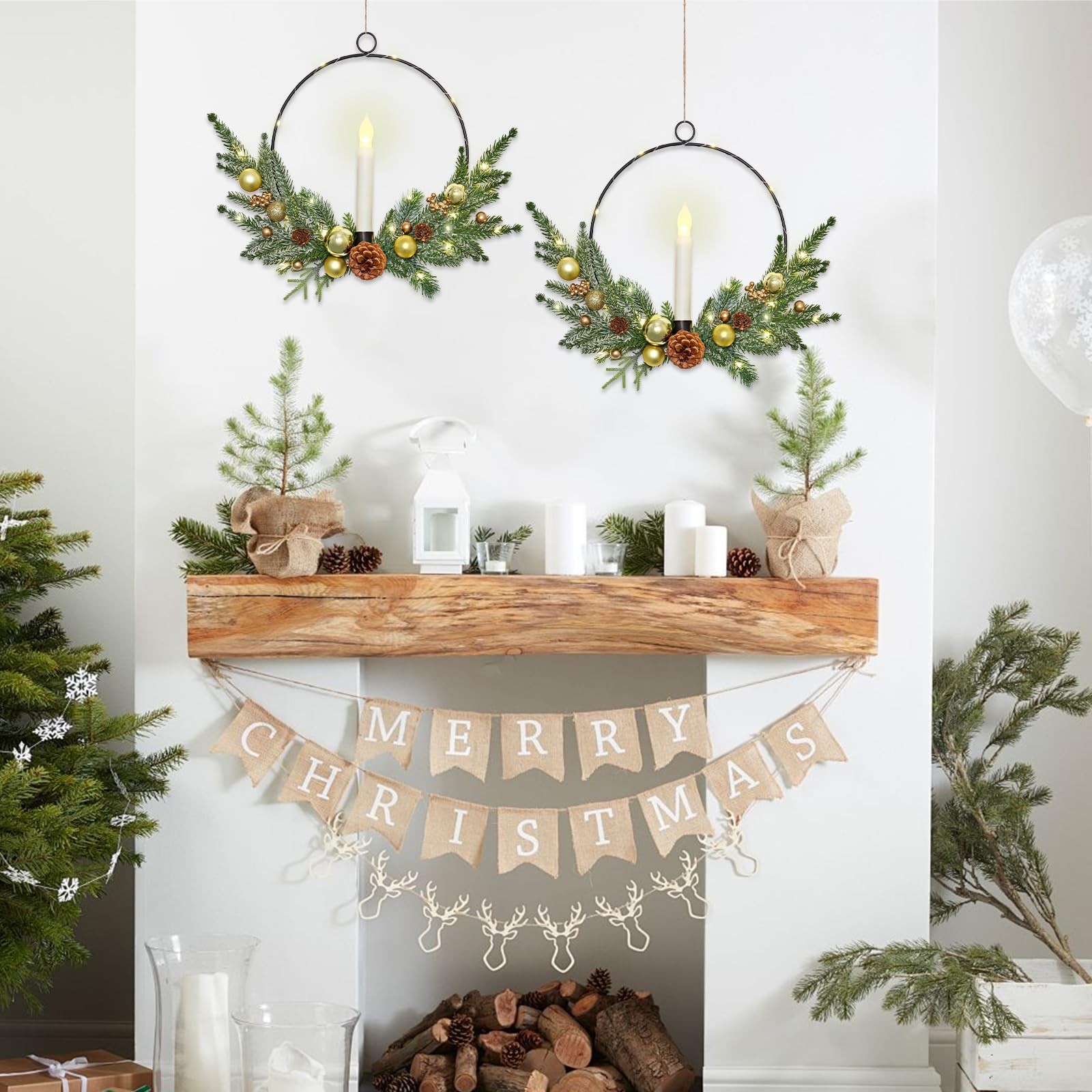 MEIVINES 2Pack Christmas Wreaths for Front Door with LED Taper Candles,16 Inc...