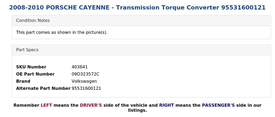 2008-2010 PORSCHE CAYENNE - Conversor de torque de transmissão 95531600121 - Imagem 3 de 4