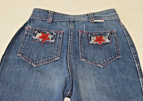 Vintage Girls Jeans Luv It W24 L31 70s Blue Red Stitch Beaded Pocket Stars