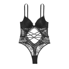 Victoria's Secret Very Sexy Rose Lace Strappy Teddy XXL *Black* NEW!