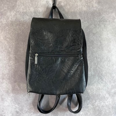 La Rosa Backpack Women Small Black Leather Minimalist Flap Zip Bag *See Pics*