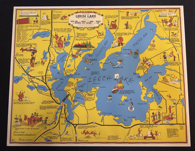 Leech Lake Minnesota Cartomap Showing Leech Lake, Roads, Resorts - Vintage Art