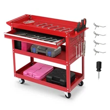Heavy Duty Rolling Workshop Cart w/3 Shelves, Drawer, Pegboard & Hooks, Red