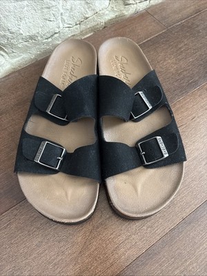 Skechers Luxe Foam Black Suede Slide Sandals Womens 9 Adjustable Straps